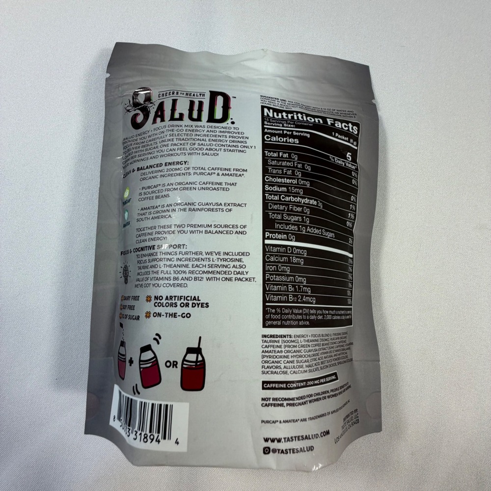 Salud Energy Focus Drink Mix Cereza Limon Cherry Lime 15 Stick Packs Exp 07/2027 - Picture 3 of 3